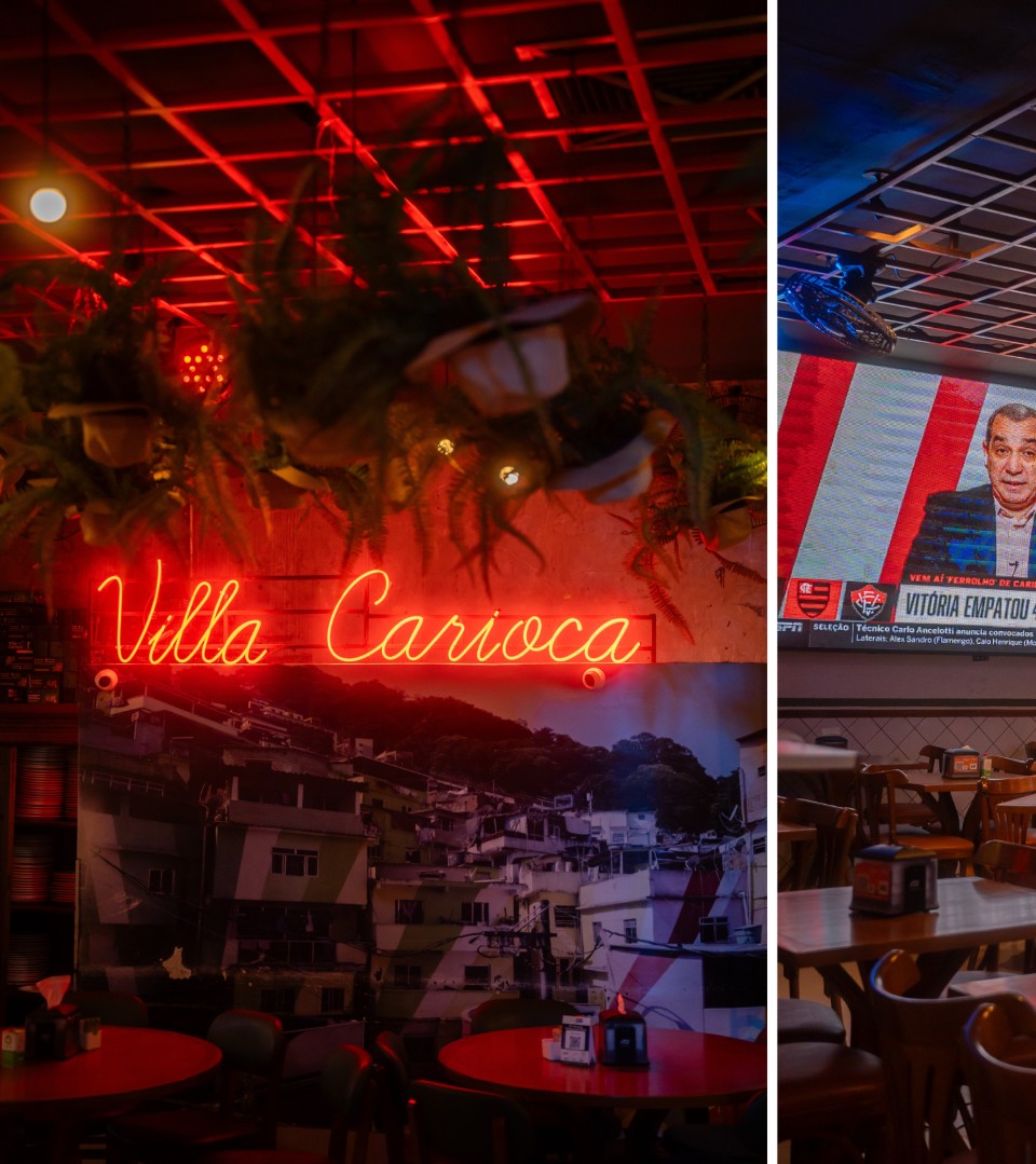 Letreiro neon Villa Carioca com mural da favela carioca